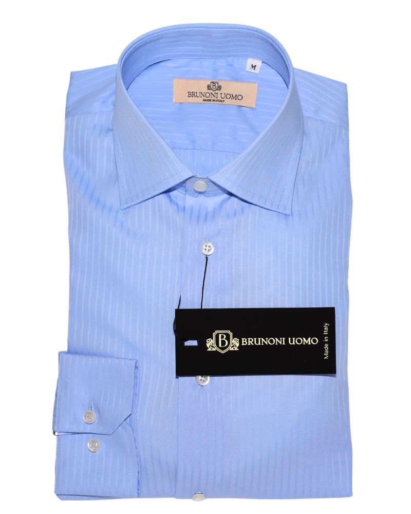 Camicia slim fit azzurra a righe larghe da uomo in cotone sartoriale Made in Italy