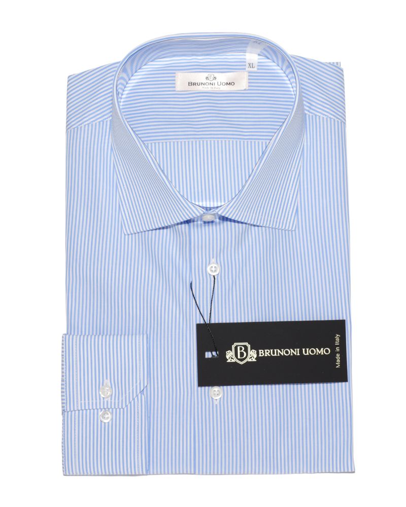 Camicia slim fit a righe sottili bianche e azzurre da uomo in cotone sartoriale Made in Italy