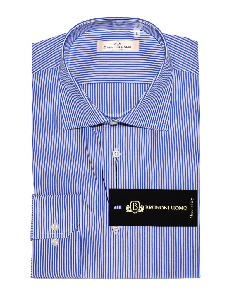 Camicia slim fit a righe sottili bianche e blu da uomo in cotone italiano sartoriale Made in Italy